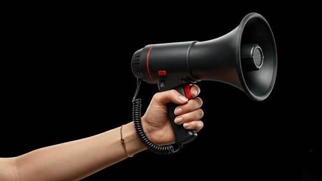 Woman hand holding black megaphone on dark background, dramatic communication concept. 