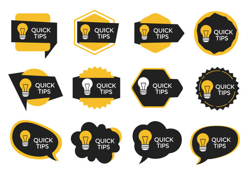 Quick Tips Badge Collection with Lightbulb Icons; Vector Set of Yellow and Black Informational Labels, Helpful Hints, and Advice Stickers for Social Media and Web Content