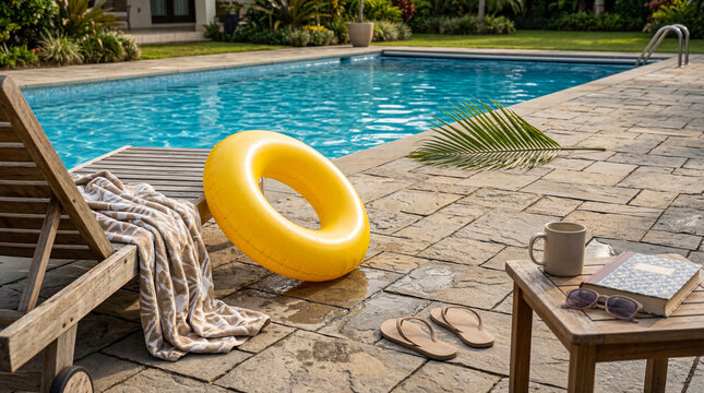 Serene backyard swimming pool scene with a yellow inflatable ring, wooden lounge chair, flip-flops.