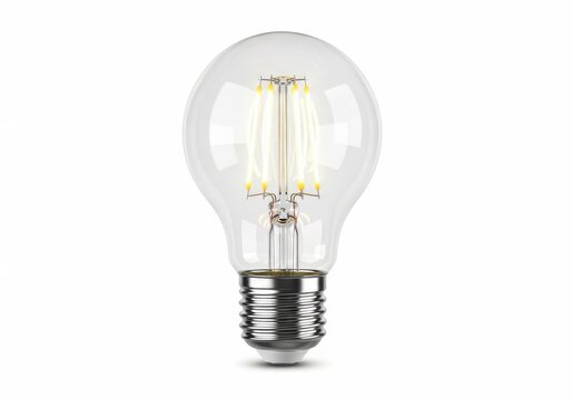 Clear glass led light bulb with glowing filaments on metal base
