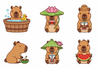 Fototapeta premium Kawaii Capybara Character Set - Cute Cartoon Illustrations of Capybaras Drinking Boba, Eating Watermelon, and Taking a Bath