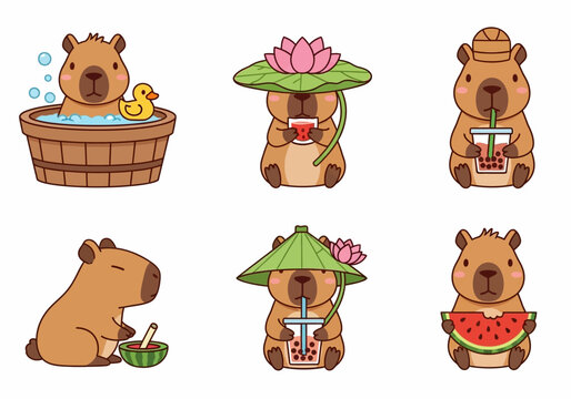 Kawaii Capybara Character Set - Cute Cartoon Illustrations of Capybaras Drinking Boba, Eating Watermelon, and Taking a Bath