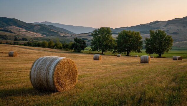 A serene landscape showcases hay bales scattered across a golden field, framed by rolling hills and a soft, warm sunset glow.