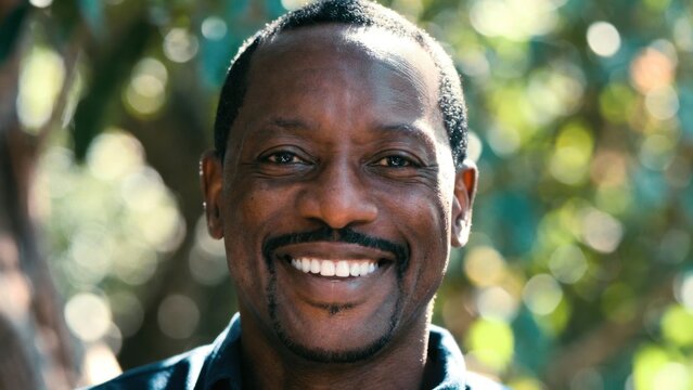 Man smiling broadly standing in sunlit outdoor bokeh background