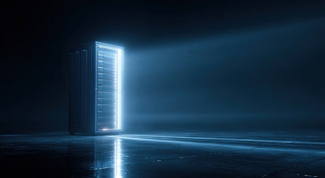 Glowing blue server tower in dark room