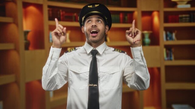 Man pilot in uniform and cap points both index fingers up while smiling, tie and epaulettes visible, bookshelves behind him in a studio; pride duty.