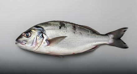 Obraz premium Fresh sea bass fish on gray.