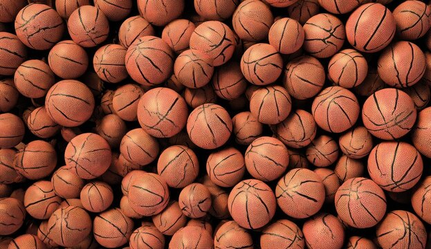 A vibrant, densely packed arrangement of basketballs creates a textured and energetic visual pattern.