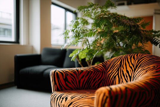 Vibrant tiger-striped armchair complements a plush black sofa in a sunlit room