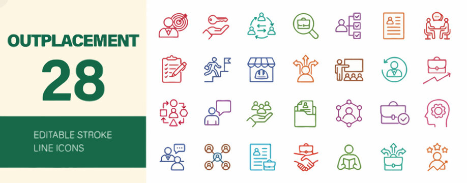 Outplacement Services Icons A Collection of 28 Editable Stroke Line Icons Representing Career Transition and Support