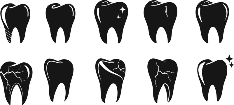 Black tooth icons set with dental anatomy details and decay variations. Modern flat collection for dentistry, healthcare, and clinic design. Isolated vector symbols for medical