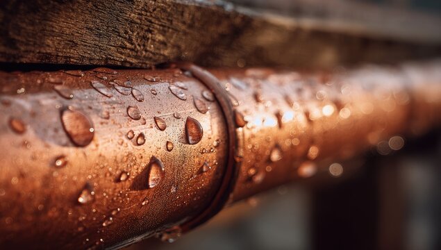 Close-up of a wet copper gutter with water droplets on its surface
