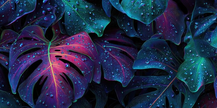 Vibrant, neon-lit Monstera leaves shimmer with water droplets against a stark black background, creating a striking and surreal botanical display.