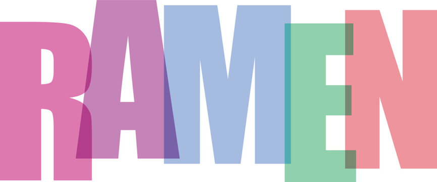 Colorful translucent word RAMEN in large block letters with overlapping design
