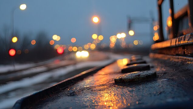 Moody train carriage edge in the fog, with bokeh city lights blurred