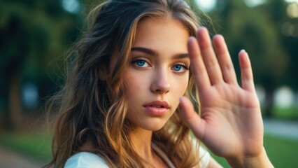 Naklejka premium Young woman raising hand to camera in outdoor park setting