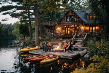 Obraz premium A cozy lakeside cabin glows with warm light as friends gather around a crackling fire on a wooden dock.