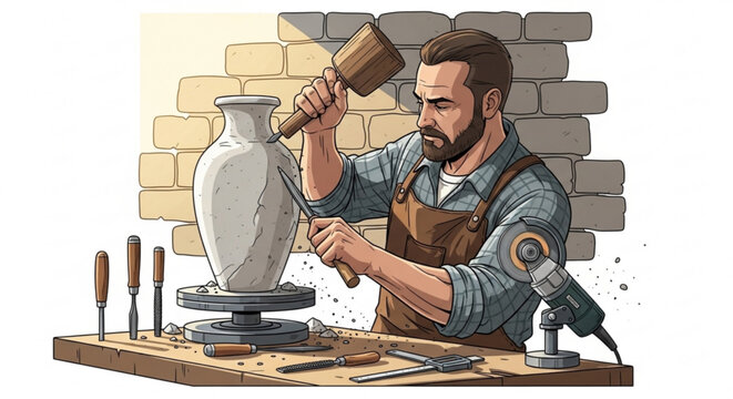 Bearded craftsman carving a vase with chisels and hammer detailed illustration of pottery and sculpture art workshop scene with tools and eq