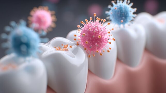 Colorful Illustration of Tooth Surface Under Microorganisms Representing Bacteria and Viruses on Health Care Theme