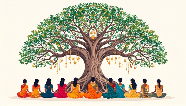 National Panchayati Raj Day Illustration with Village People Gathering at Panchayat Ghar, Rural Governance and Sashakt Bharat Concept Banner