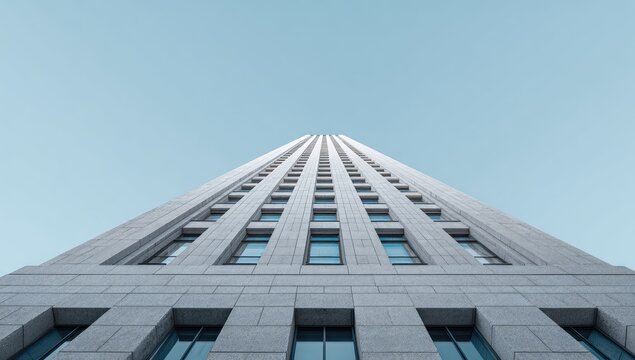 A striking low-angle perspective showcases a towering, modern skyscraper against a clear, pale blue sky, emphasizing its impressive height and architectural details.