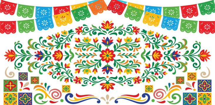 Intricate Mexican folk art background featuring symmetrical floral embroidery patterns vibrant marigolds and colorful papel picado banners for fiesta celebrations.