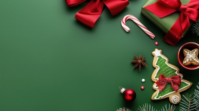 Festive Holiday Arrangement Featuring Red Bows, Christmas Gifts, Gingerbread Cookies, and Ornaments on a Green Background