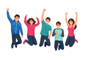 Obraz premium Diverse Group of Happy Young People Jumping Together in Celebration of Success and Victory
