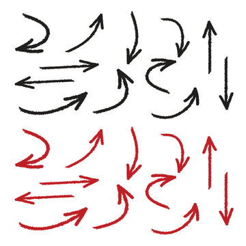 Grungy Hand Drawn Doodle Black and Red Curved Arrow Set, Vintage Rough Sketch Directional Arrows Collection with Straight, Up, Down, Left, Right and Circular Arrows for Infographic, Flowchart.