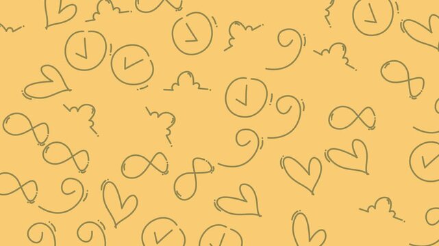 Vibrant yellow doodle pattern with hearts clocks and swirls for looping background.