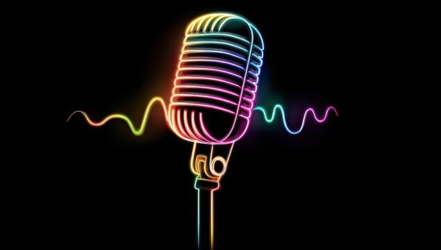 Retro microphone with colorful sound waves on black background