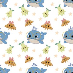 Naklejka premium Seamless pattern with cute whale in glasses and stars, nursery marine background.