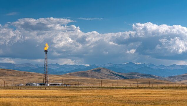 Industrial flare stack with flame burning in a vast, dry landscape under a cloudy sky
