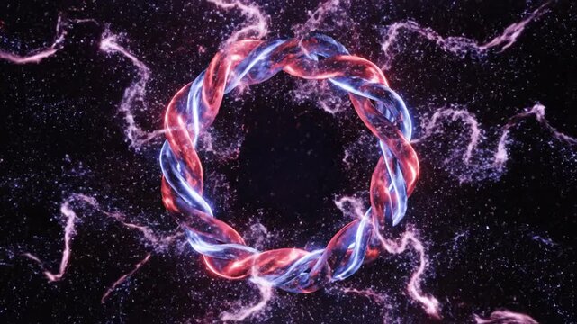 Abstract energy ring with glowing light trails on dark background