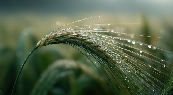 Green wheat ear with dew drops
