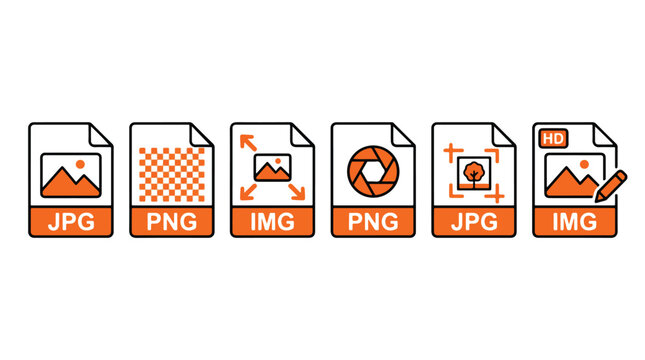 Modern vector illustration of image file extension icons like JPG PNG and IMG including symbols for transparency scaling camera shutter photography crop tool and high definition editing