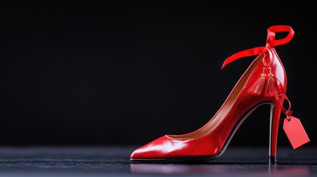 Elegant Red High Heel Shoe with Bow and Tag on Dark Background, Perfect for Fashion and Retail Concepts