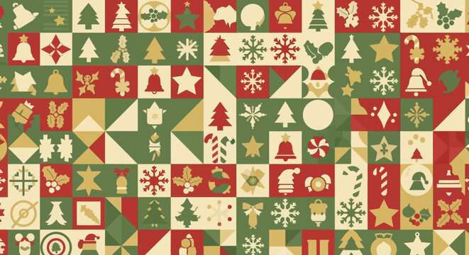 Christmas Holiday Seamless Pattern with Festive Icons and Geometric Shapes