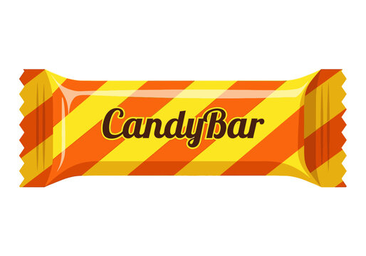 Cartoon Candy Bar Illustration in Yellow and Orange Striped Wrapper - Vector Flat Design Snack Icon