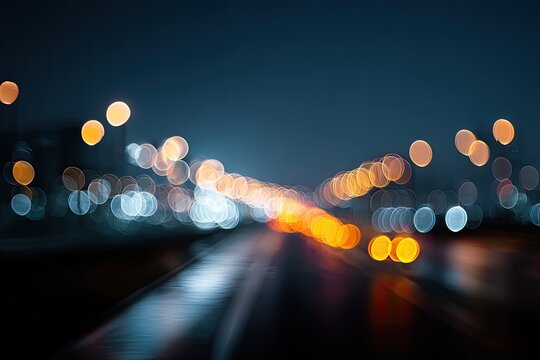 A long, dark road stretches into the distance, illuminated by vibrant bokeh lights creating an abstract and atmospheric scene.