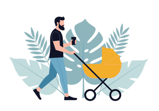 Modern Dad Pushing a Baby Stroller and Holding Coffee Vector Illustration - Bearded Father on a Walk with Infant Carriage and Tropical Leaf Background