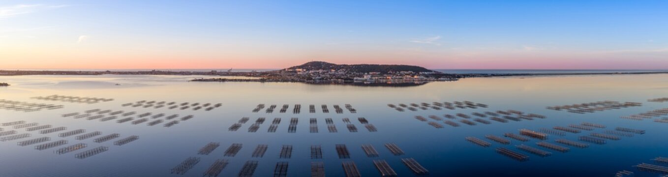 Panoramic view of the Thau lagoon and its sandbanks at sunrise, Bouzigues, Occitanie, France