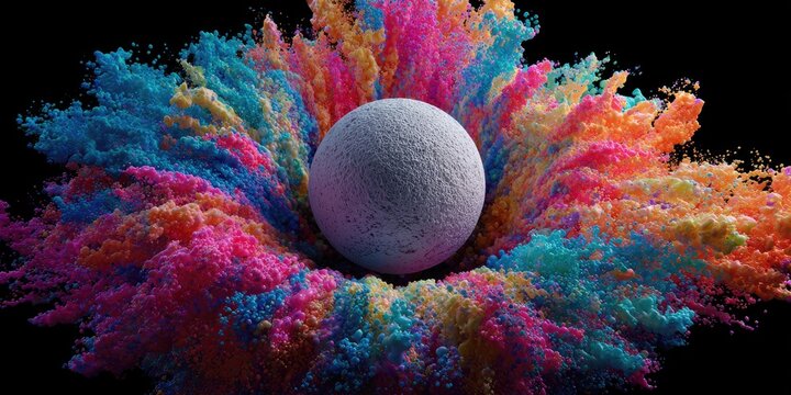 A vibrant explosion of colorful powder surrounds a textured spherical object against a dark background.