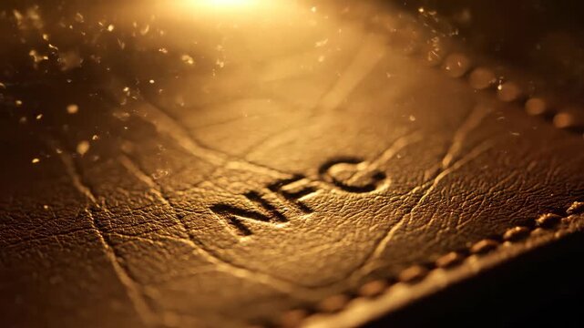 Macro shot of golden leather embossed with NFC. Technology concept close-up