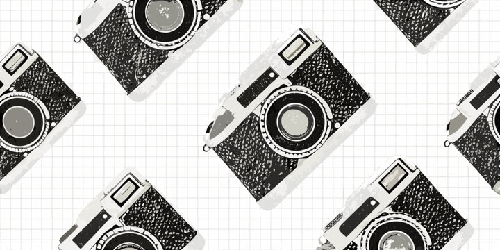 Repeating pattern of sketched vintage cameras on a grid background
