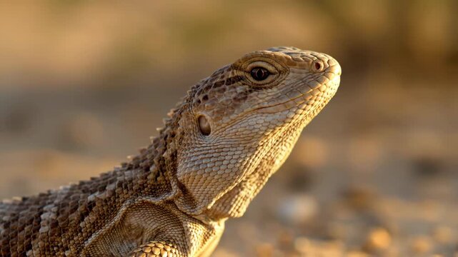 Close-up of spiny lizard head and body in desert landscape, animal wildlife.