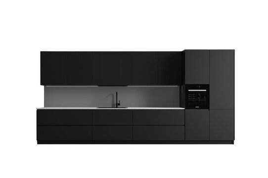 Modern black kitchen cabinet interior with built-in oven on transparent background