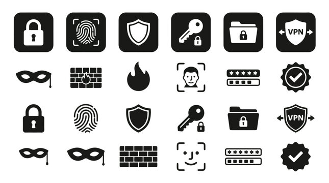 Comprehensive security and privacy icon collection featuring lock shield fingerprint VPN face recognition firewall and password symbols for digital data protection and cyber safety tool.