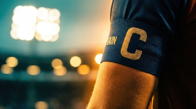 Leadership and team authority concept, blue captain armband on athlete's arm. Sports management, professional competition and responsibility in stadium under floodlights.