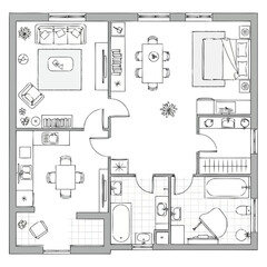 Fototapeta premium Discover a thoughtfully designed apartment layout showcasing a living room with sofa and seating a dining area for meals a functional kitchen and a tranquil bedroom offering a visual